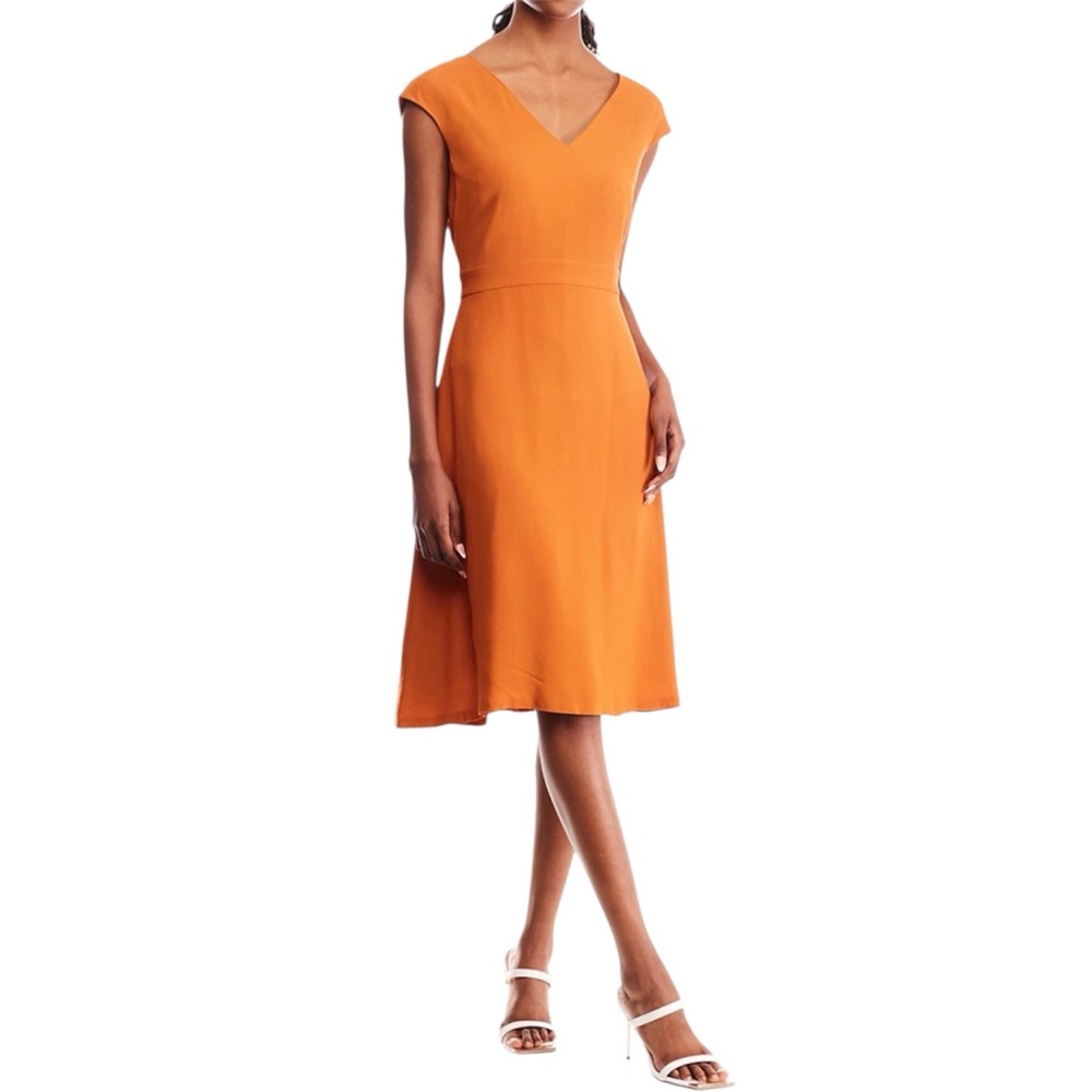 Massimo Dutti Orange A-Line V-Neck Cap Sleeve Mini Dress Office Work Wear size 4